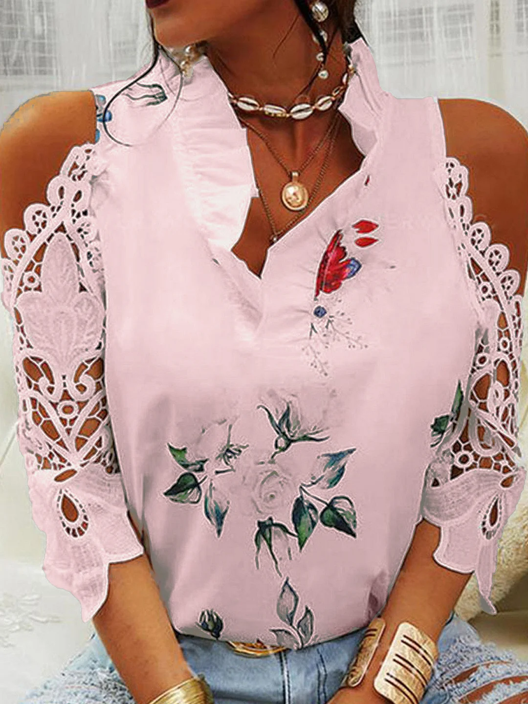 Women's 3/4 Sleeve V-neck Cold Shoulder Lace Floral Printed Tops