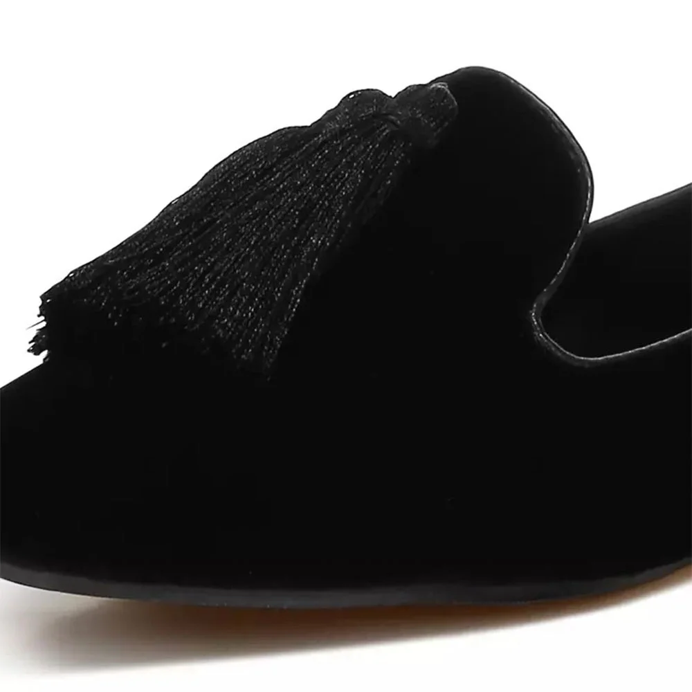 YDN Black Velvet Round Toe Tassels Flat Loafer Shoes Women