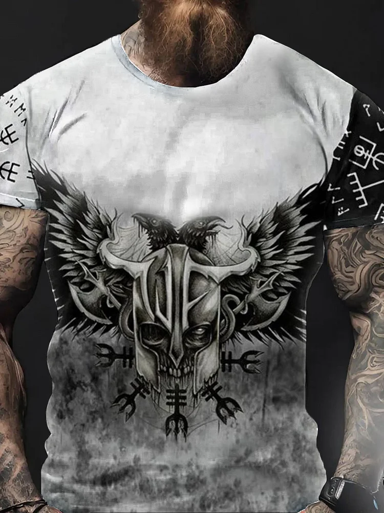 Herren Viking Style Odin Ravens & Vegvisir Bedrucktes T-Shirt