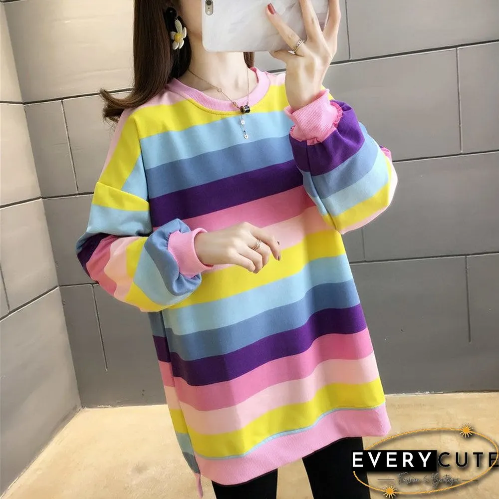 Fashion Rainbow Color Sweatshirt Hoodies Women Loose Long Sleeve Pullover Female Spring