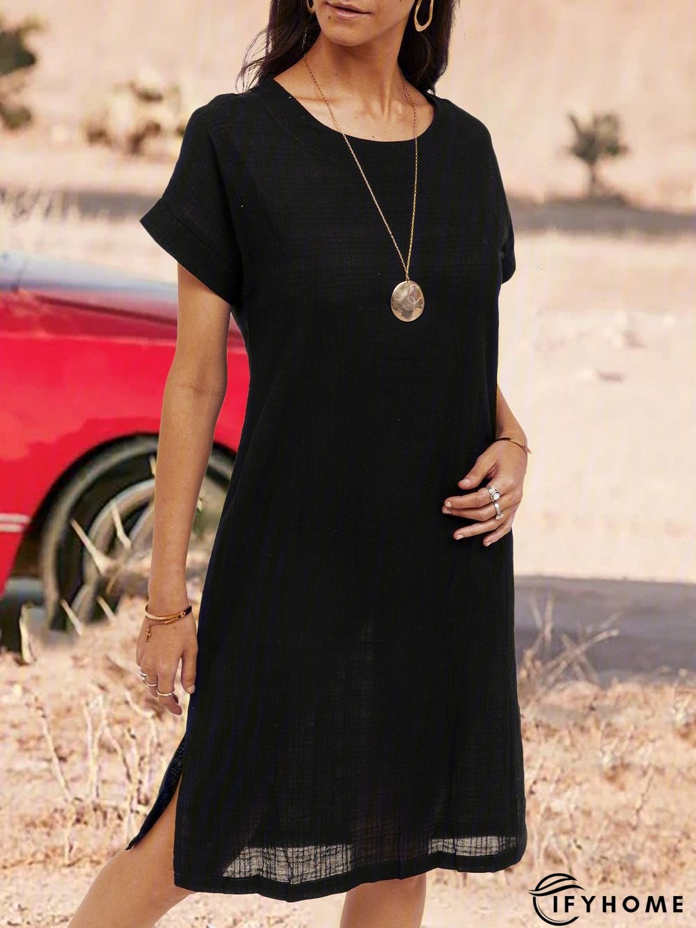 Soft Short Sleeve Cotton-Blend Casual Round Neck Knitting Dress | IFYHOME