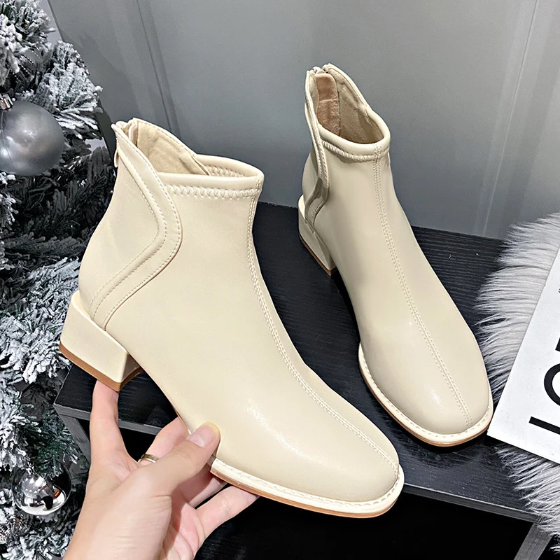 Churchf Autumn And Winter New Korean Version Of Fashion Short Boots Women Round Head Thick With High Heel Rear Zipper Martin Boots Women