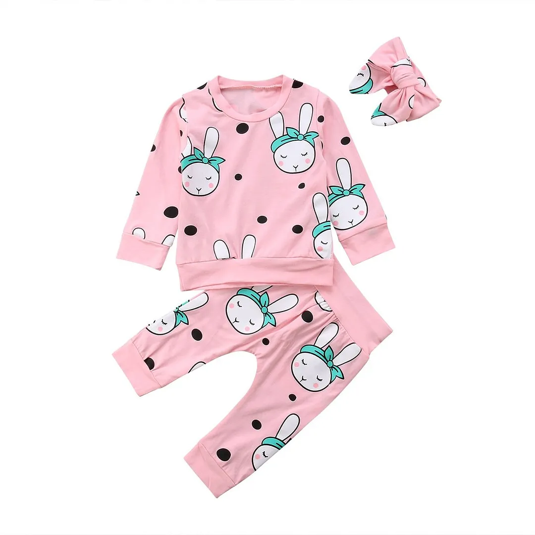 2018 Brand New Autumn Winter Toddler Baby Girls Boys Clothes 3PCS Long Sleeve Cartoon Rabbit Sweatshirt Tops+Pant+Headband Sets
