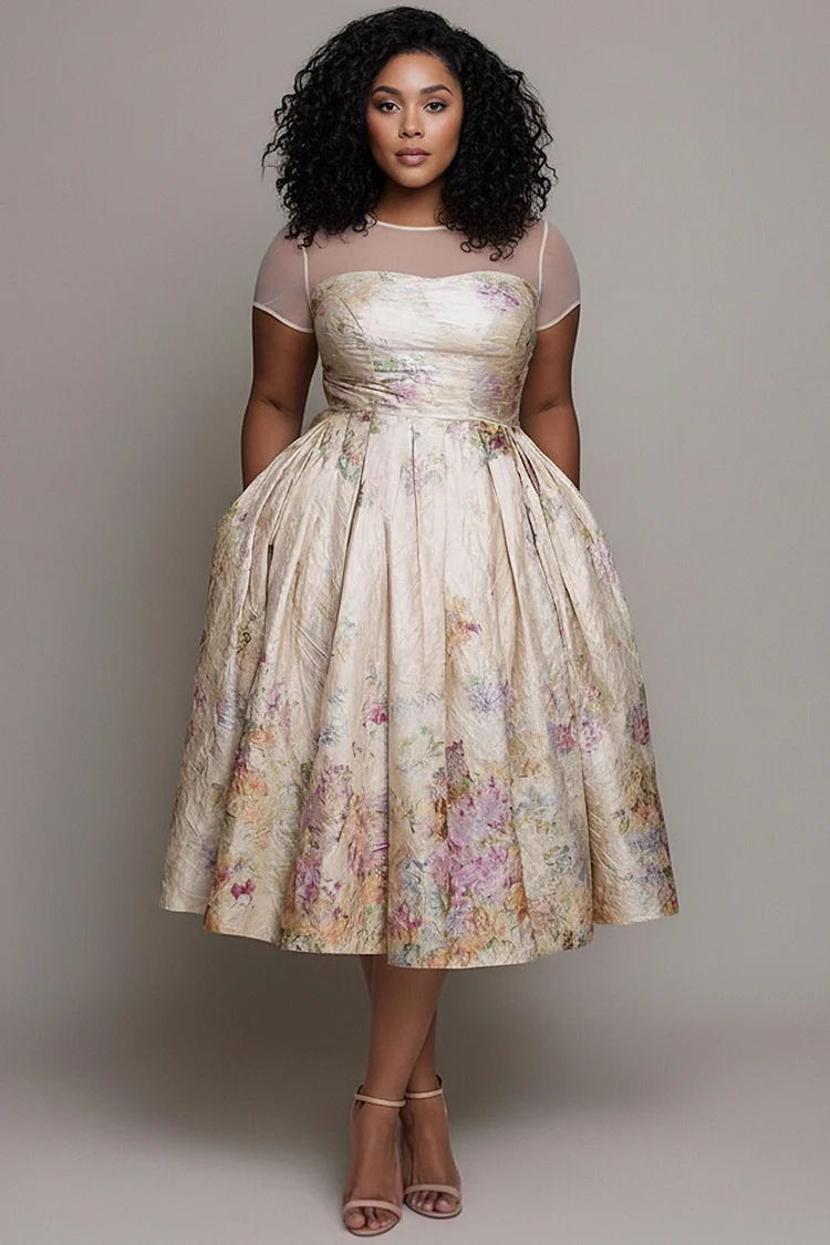 Xpluswear Design Plus Size Wedding Guest Multicolor Floral Round Neck Cap Sleeve Short Sleeve Pocket Midi Dresses 2024 - Xpluswear
