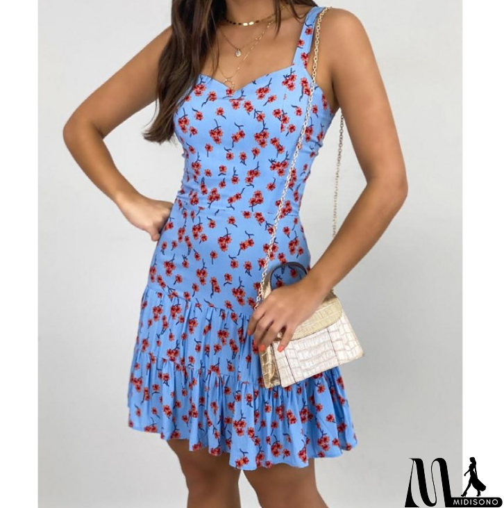 MidiSono - Printed High-Waist Women'S Ruffled Floral Sling Dress