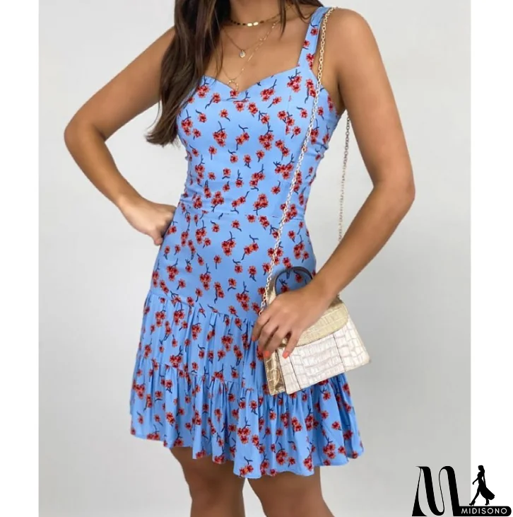 MidiSono - Printed High-Waist Women'S Ruffled Floral Sling Dress