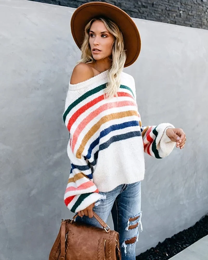 Fitshinling Bohemian Rainbow Striped Sweaters For Women Ladies Autumn Winter Pullover Long Sleeve Jumper Knitwear Sweater Female