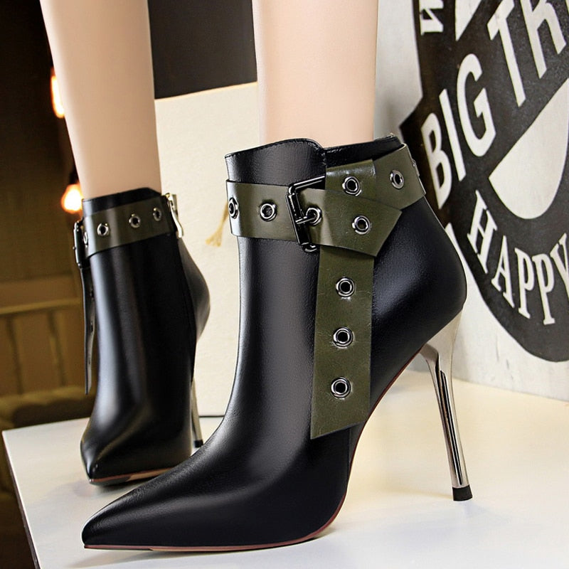 BIGTREE Shoes Belt Buckle Women Ankle Boots Leather Shoes High-heel ...