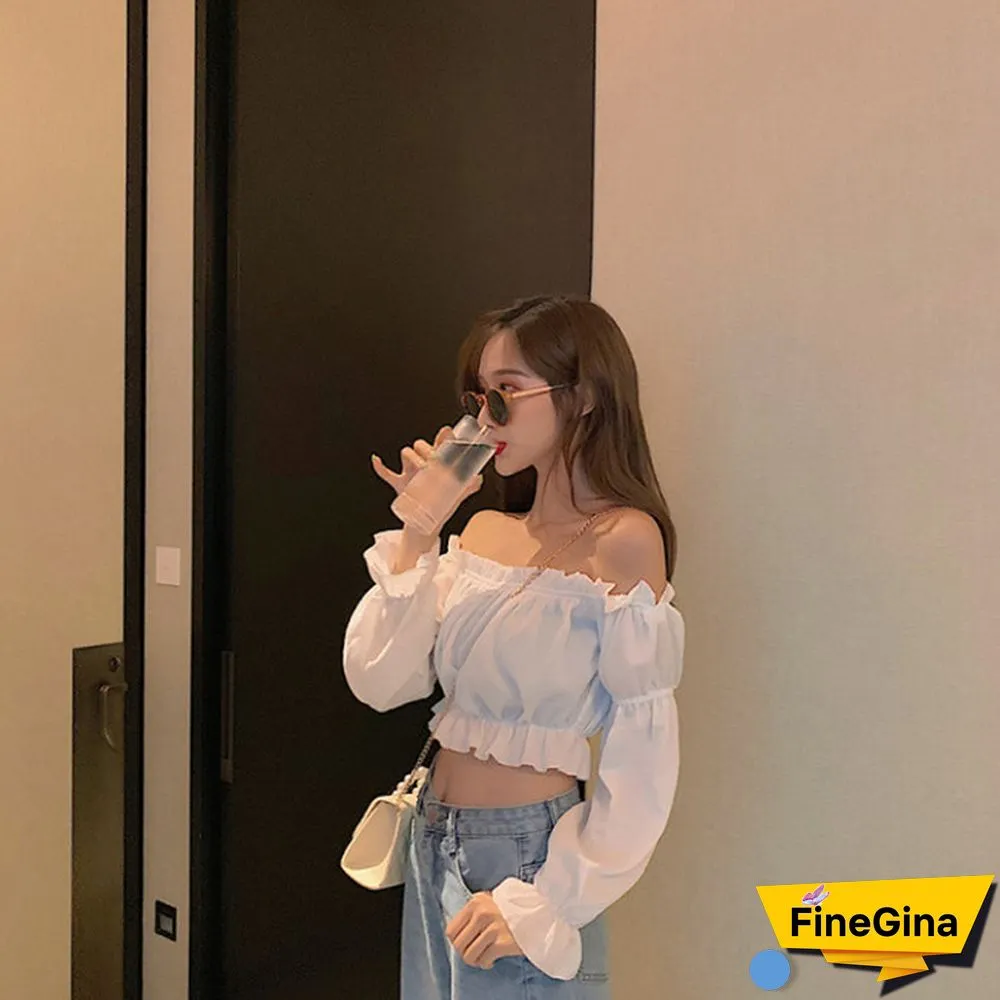 Women Top Sexy Blouse Off Shoulder Top Long Sleeve Solid Color White Shirt Puff Sleeve Ruffle Tunic Crop Top Summer Tube Top