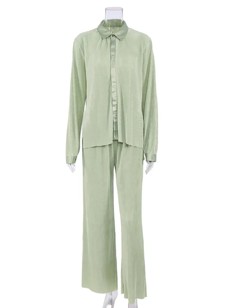 Joskka Womens Fashion Homewear Loose Long Sleeve Blouses And High Waist Wide Leg Pants
