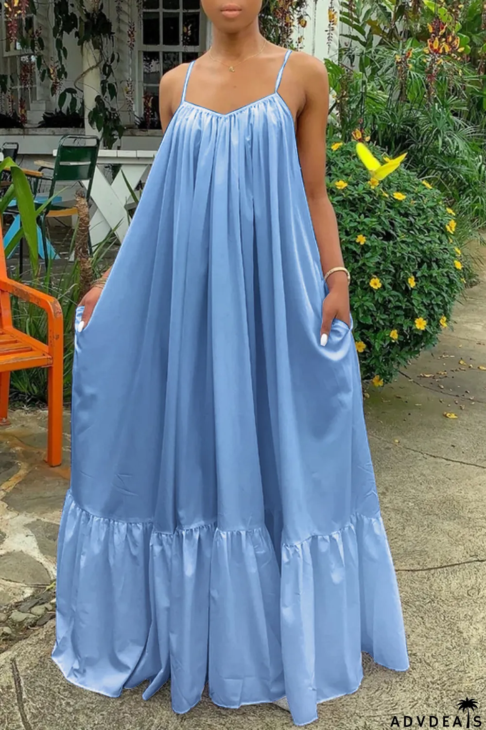 Dark Gray Sexy Casual Solid Backless Spaghetti Strap Loose Sling Dress