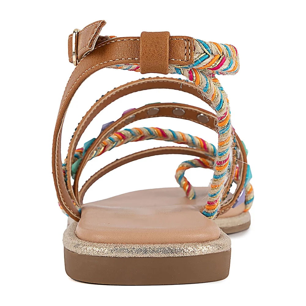 Multicolor Studded Square&nbsp;Toe Braided Strappy Flat Sandals for Women