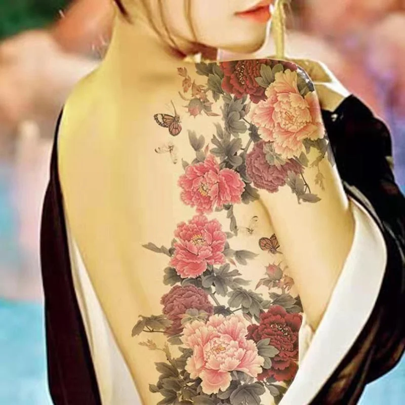 Peony Flower Waterproof Temporary Tattoo Stickers Women Sexy Butterfly Art Fake Tattoo Big Picture Back Cover Scar Arm Sticker