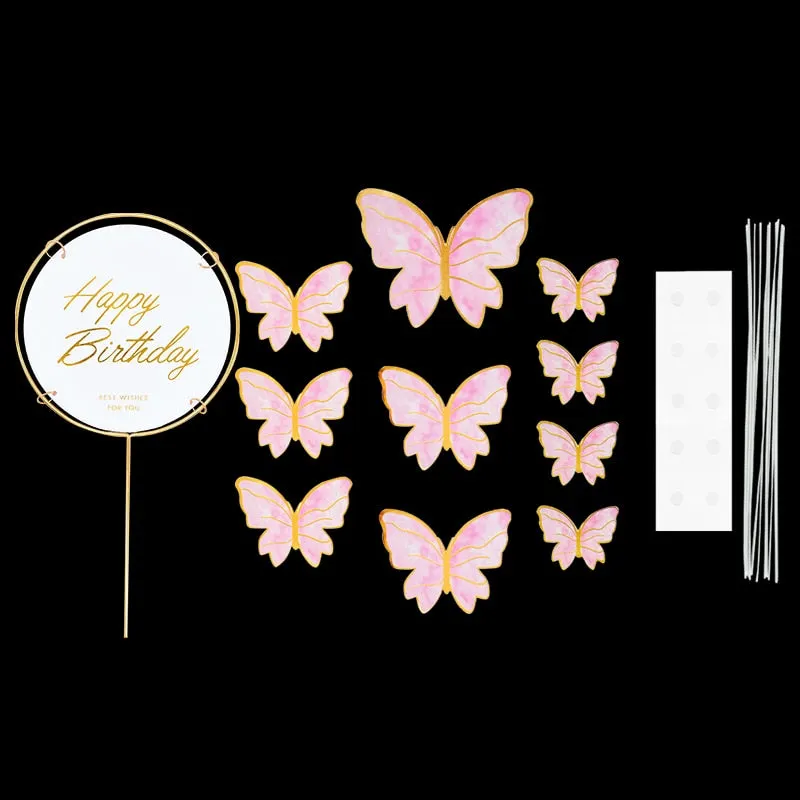 1Set Happy Birthday Cake Toppers Cake Decoration Handmade Butterfly Cupcake Topper For Wedding Birthday Party Baby Shower Baking