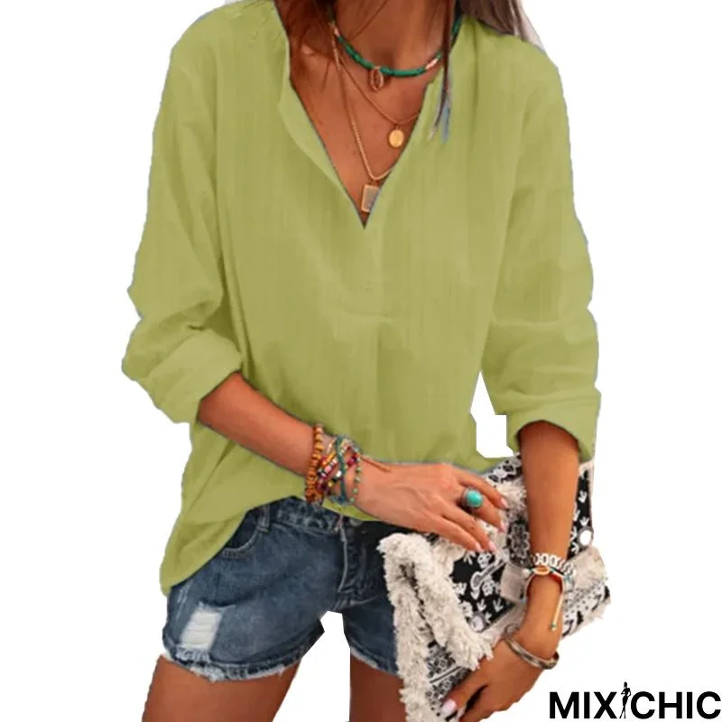 Cotton-Blend Casual Long Sleeve Blouse