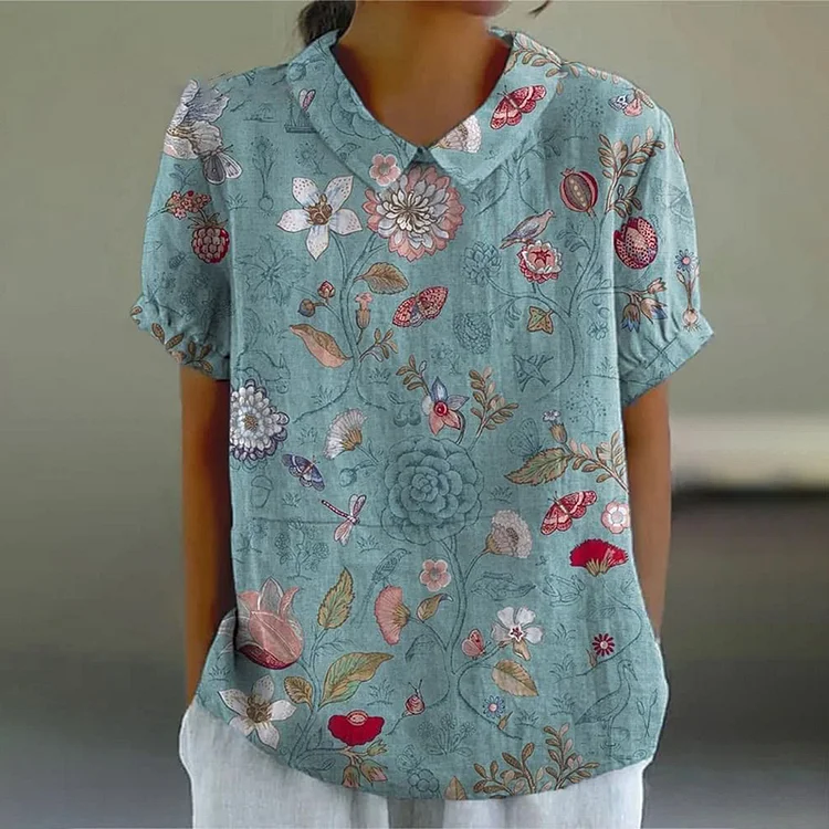 Vintage Floral Print Lapel Short Sleeve Blouse