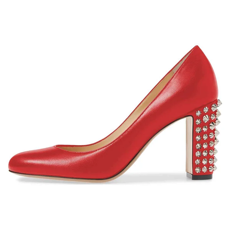 Red Studs Chunky Heels Pumps Vdcoo