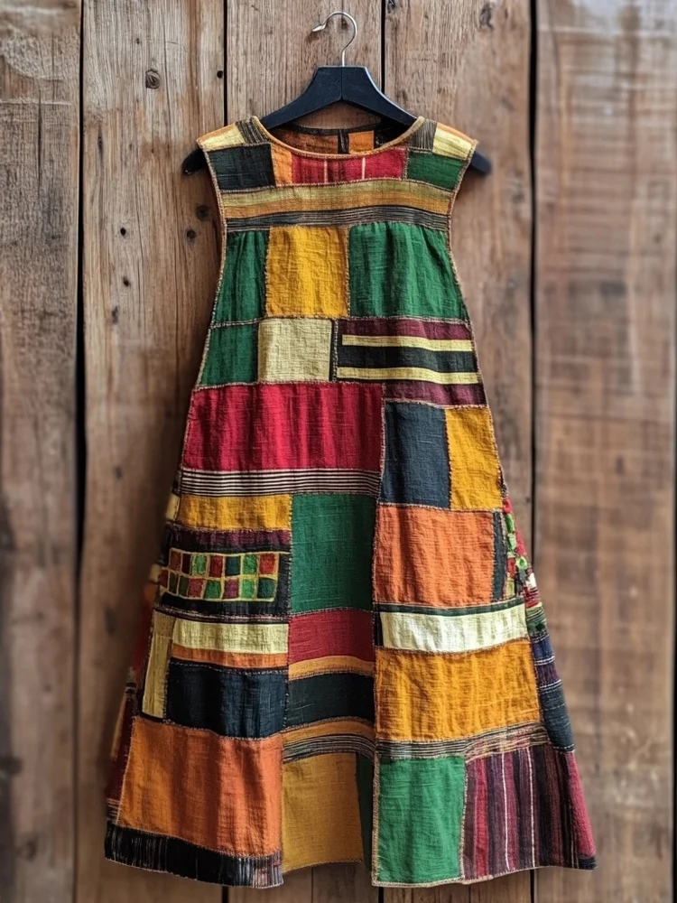 African Ethnic Patchwork Linen Tank Dress