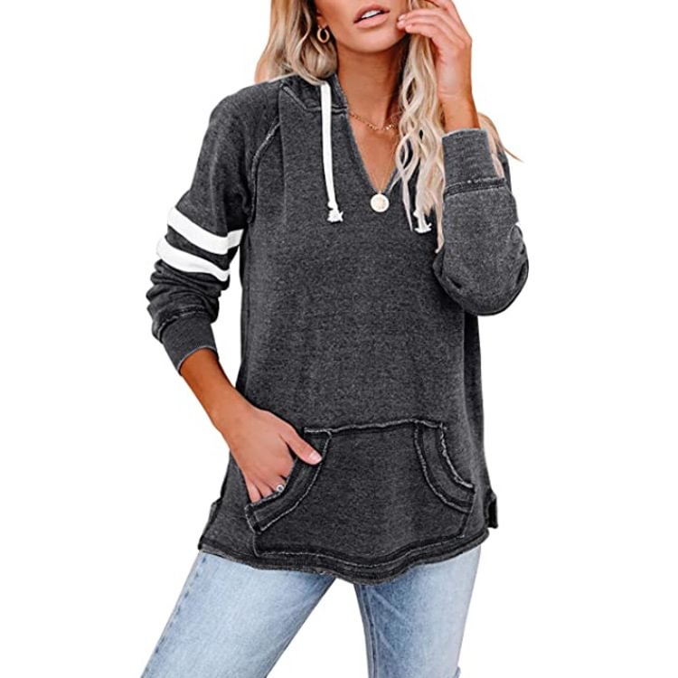Womens V Neck Hoodies With Pockets Long Sleeve Striped Pullover Tops Sweatshirt