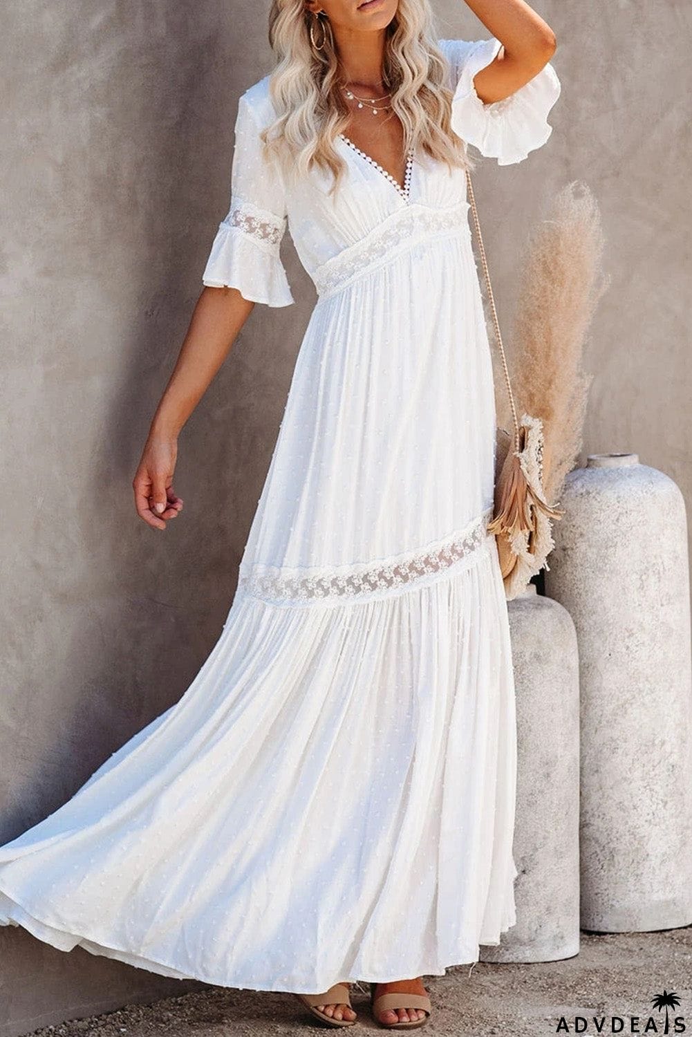 Swiss Dot Lace Trim Maxi Dress