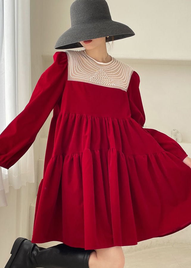 Handmade Red Patchwork Velour Mini Dress Spring CK2158- Fabulory