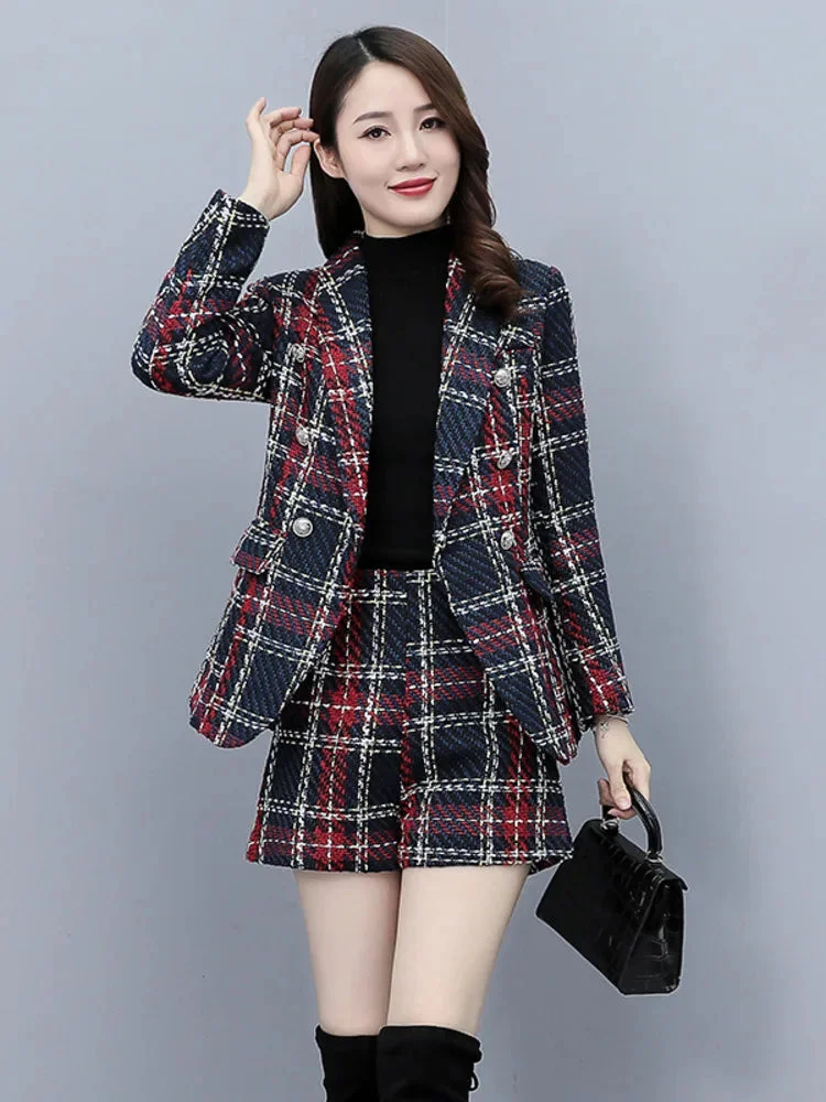 Huiketi Jacket Short Pants Two Piece Set Women 2024 Spring Small Fragrance Double-breasted Coat Plaid Blazer And Shorts Tweed Suit