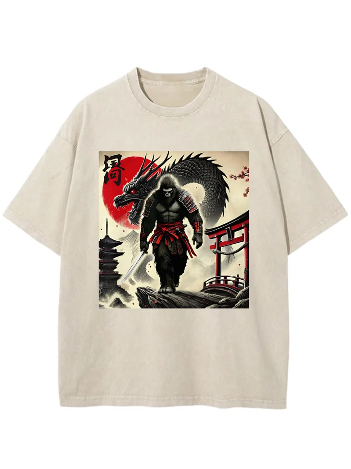 Men's Japanese Art Dragon Gorilla Samurai Print Cotton Washed T-Shirt
