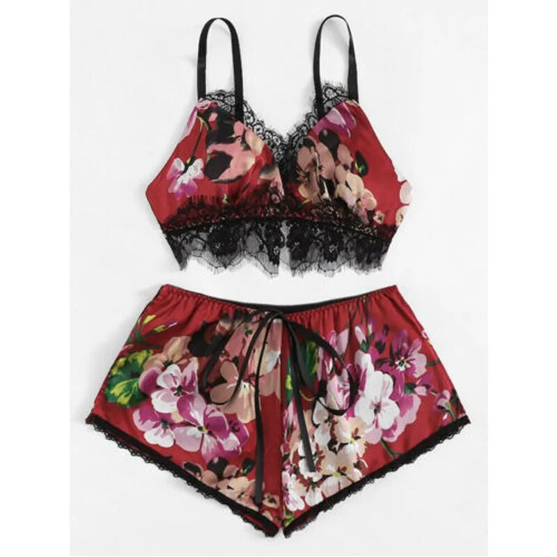 Uveng Women's Sexy Lingerie Satin Sets Summer Sleeveless Floral Crop Tops Shorts Sexy Sleepwear Babydoll Nightdress Pajamas Set