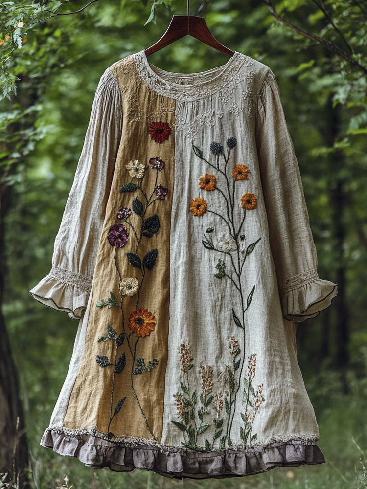 Comstylish Forest Flower Embroidery Ruffle Women's Linen Dress