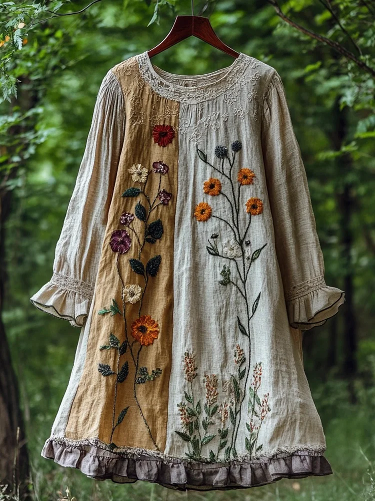 Forest Flower Embroidery Ruffle Women's Linen Dress