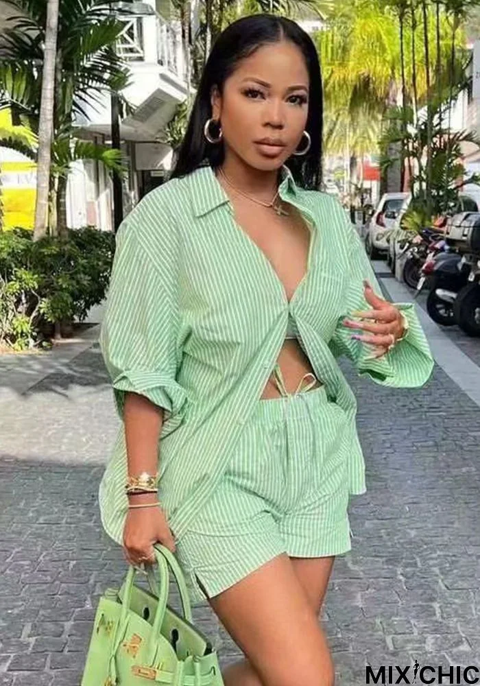 Women Striped Shirt and Shorts Two-Piece Set