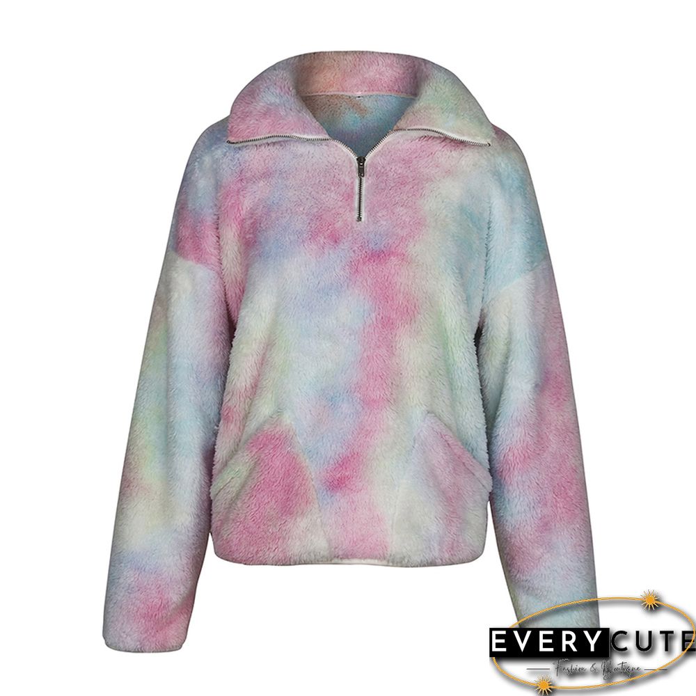 Light Pink Tie Dye Print Zip Neck Plush Sweatshirt