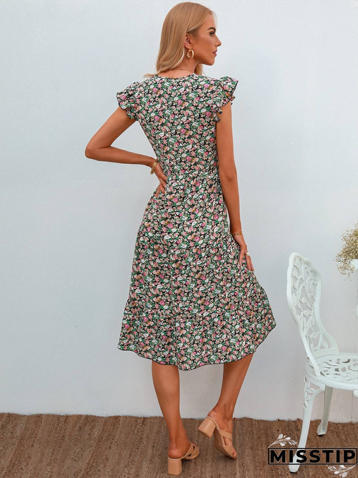 V-neck Fly-sleeve Floral Dress
