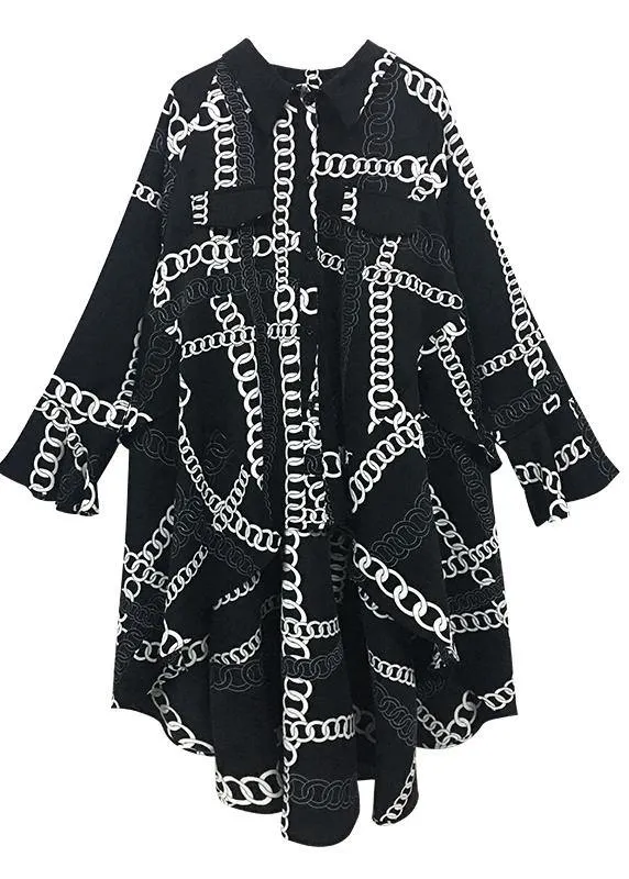 Handmade lapel asymmetric spring tunics for women white print loose shirt