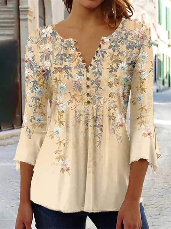 Women's Button Graphic Floral Printed V-Neck 3/4 Sleeve Top