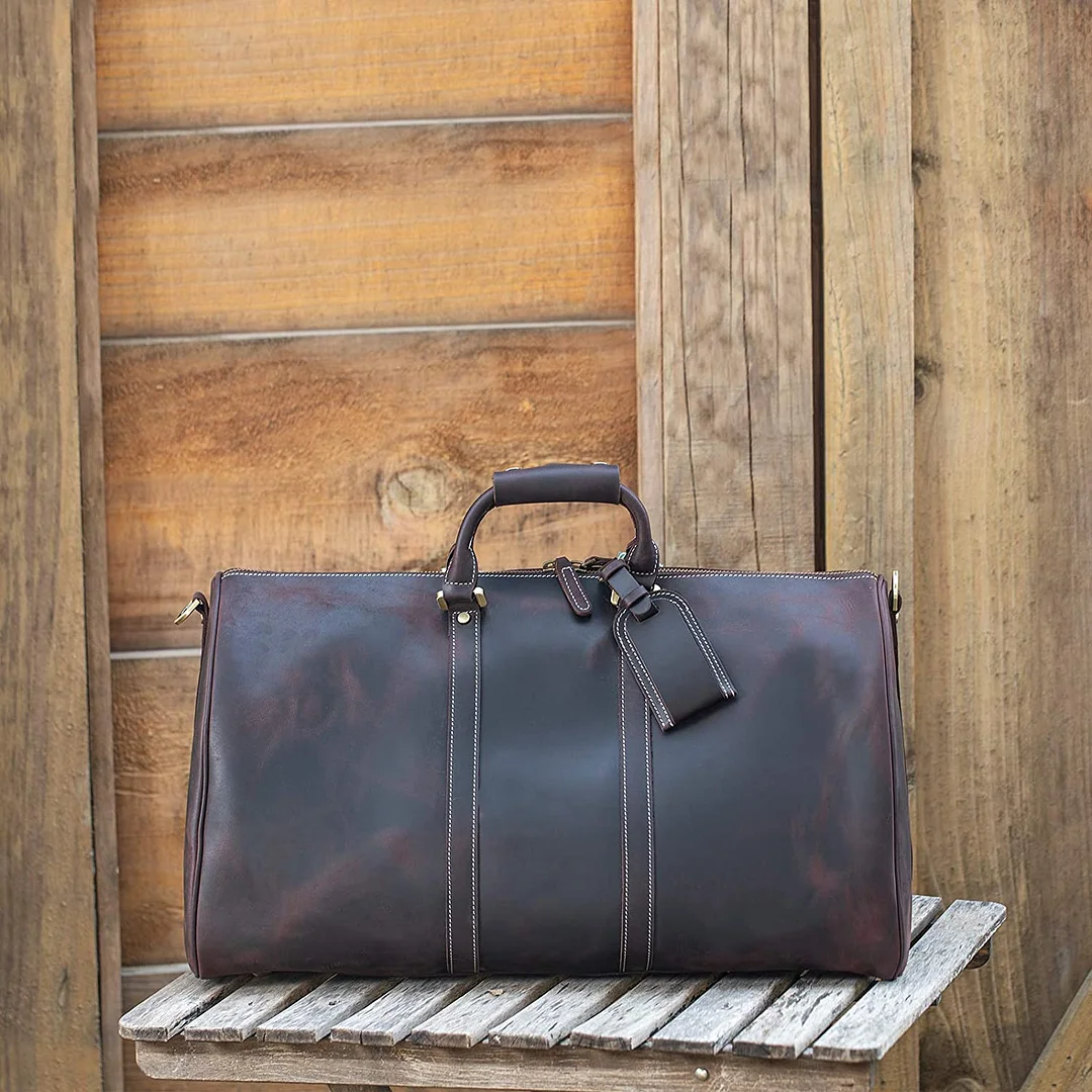 22 Inch Full Grain Leather Travel Duffel Weekender Bag Overnight Duffle Bag For Men