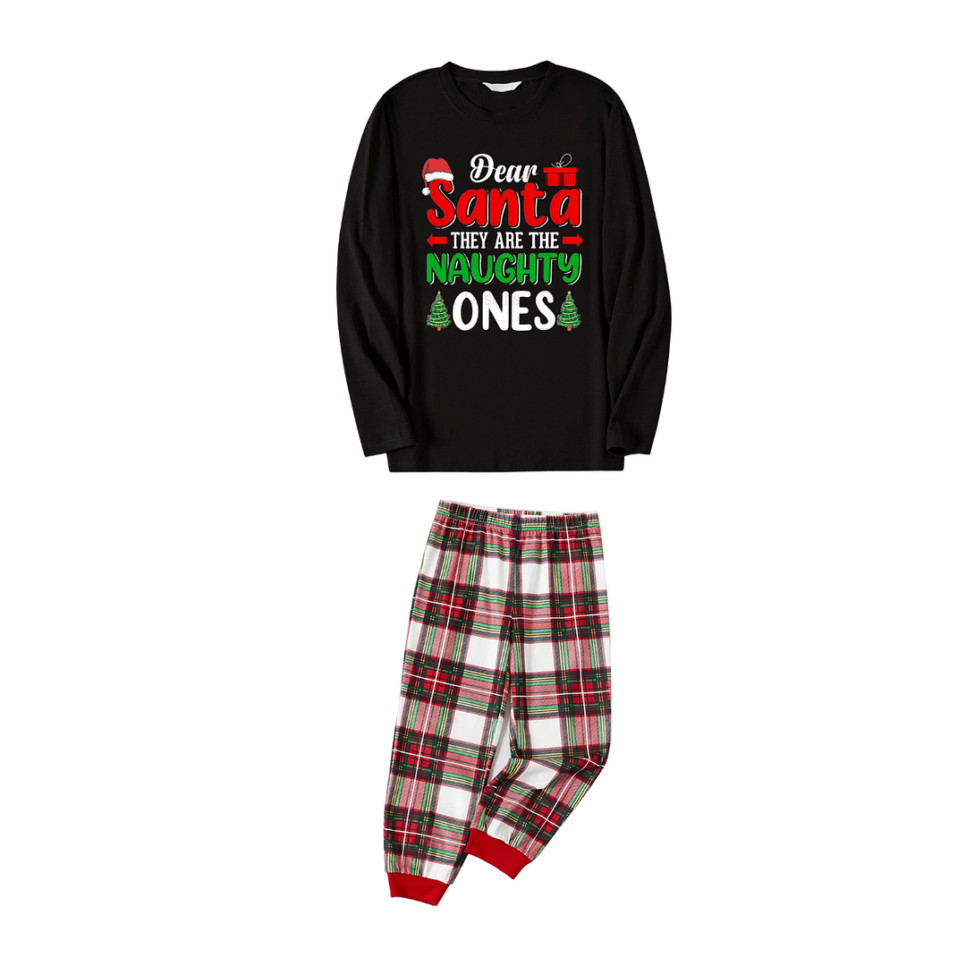 "Dear Santa They are The Naughty Ones" Slogan Printed Red & White & Green Plaid Family Matching Pajamas