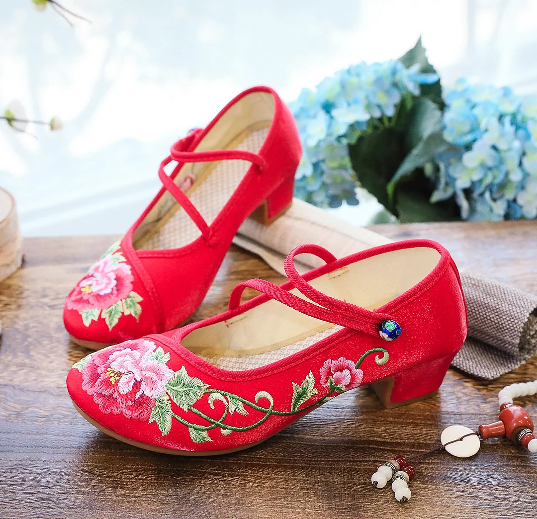 Colourp Colourp Heel Shoes Thick Heel Women's Shoes With Embroidered Cloth Shoes Cloisonne Blue Button Embroidered Peony Dance Shoes