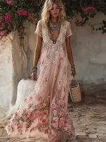 Vintage Boho Roses Embroidered Flowy Linen Maxi Dress