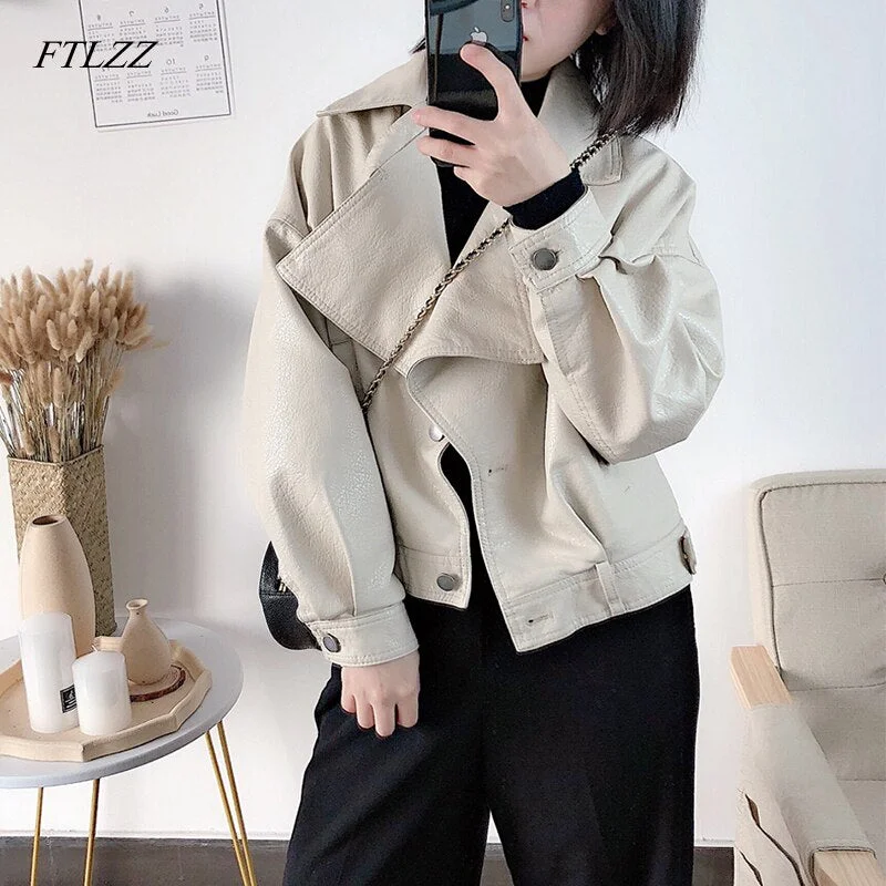 FTLZZ New Autumn Women Faux Leather Jacket Vintage Boyfriend Style Coat Batwing Sleeve Short Motor PU Jackets Biker Outwear