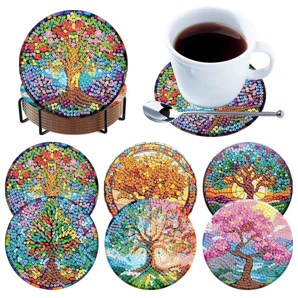 6Pcs Tree Of Life Wooden Diamond Painting Coasters with Holder for Adults Beginners