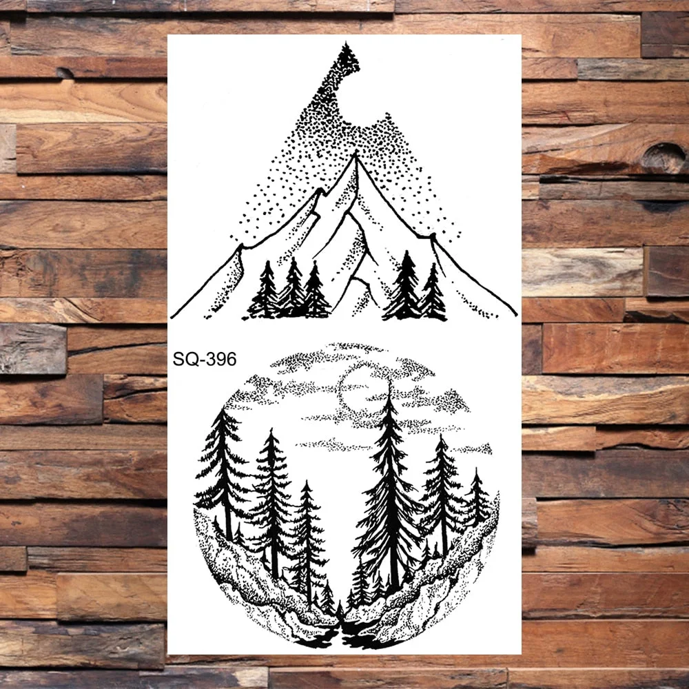 Small Forest Pine Tree Temporary Tattoos For Women Men Realistic Whale Mountain Sea Wave Fake Tattoo Sticker Arm Body Tatoos