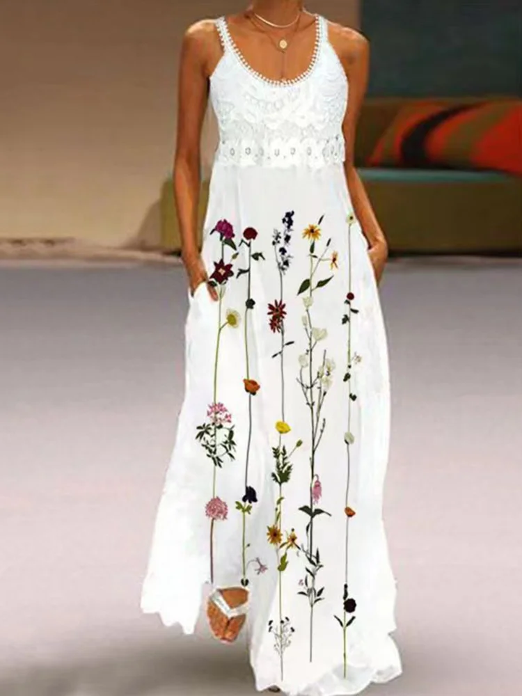 Flower Art Lace Patchwork Sleeveless Maxi Dress