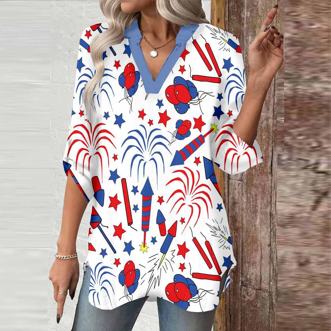 Women  Independence Day, Star, Striped, Blue, Red DZGA0226 3/4 Sleeve V-neck Printed Graphic Button Tops