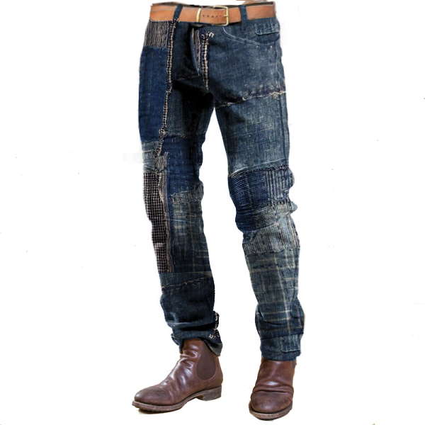 Patchwork Design Boro Print Men Vintage Corduroy Trousers Quilted Outdoor Casual Daily Pants