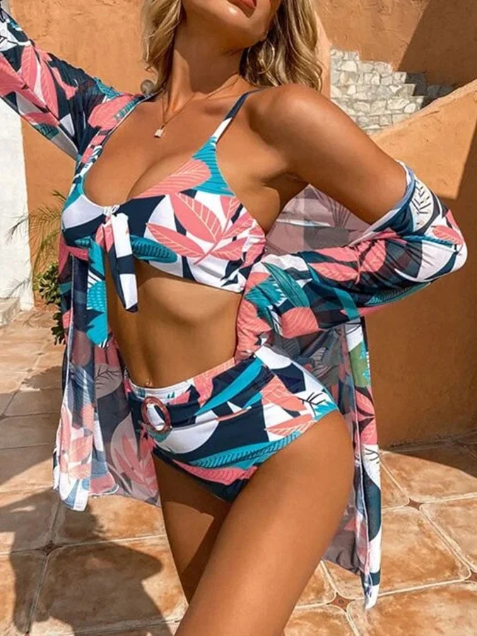 Three-Piece Floral-Print Strappy Swimsuit Set