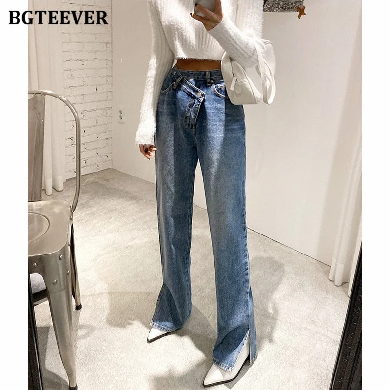 BGTEEVER Casual Asymmetric High Waist Straight Jeans for Women Side Split Denim Blue Jeans Trousers Female Long Pantalon Femme
