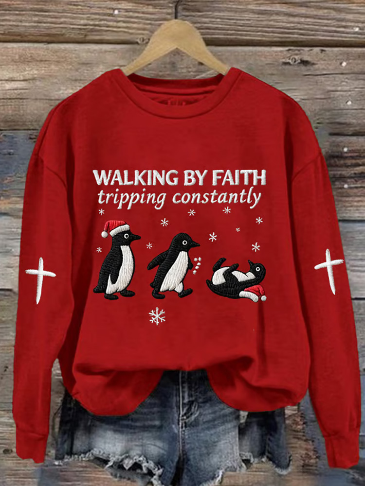 Retro Funny Christmas Goose Walking By Faith Tripping Constantly Print Sweatshirt wearshes