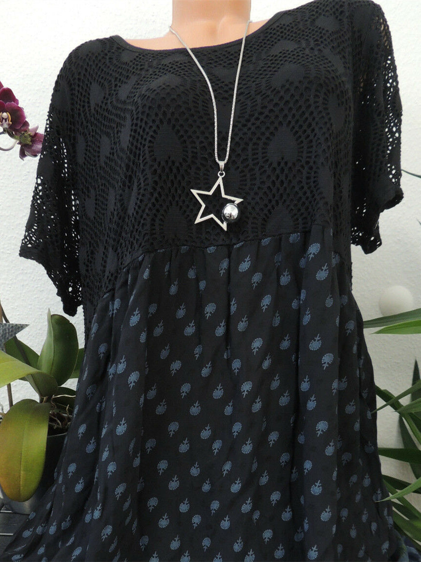 Women Short Sleeve Scoop Neck Floral Printed Lace Stitching Tops