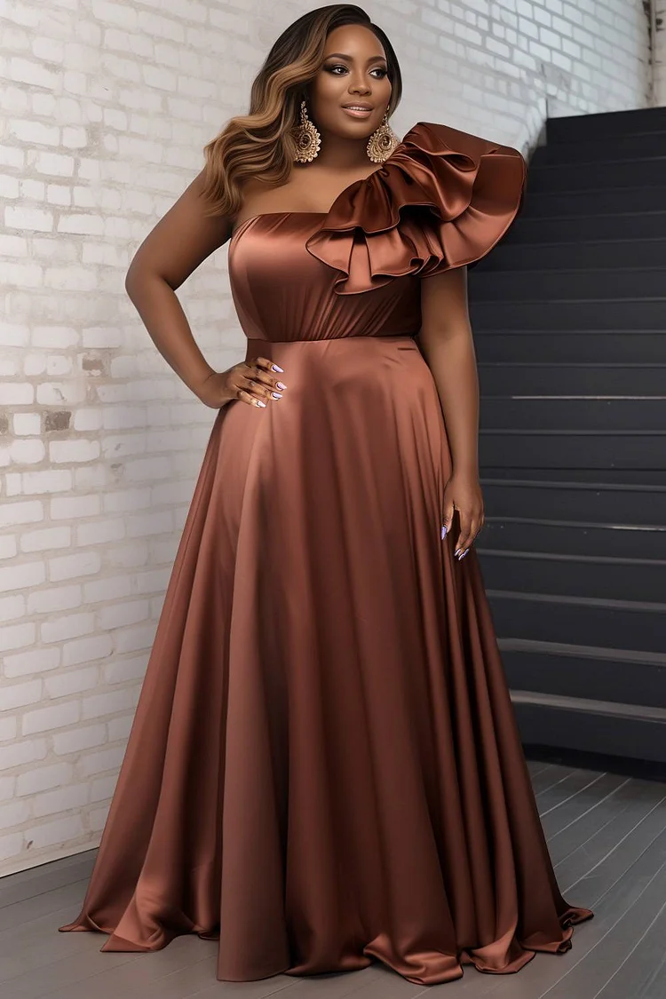 Xpluswear Design Plus Size Formal Brown Elegant Oblique Collar Ruffle Satin Maxi Dresses [Pre-Order] 2024 - Xpluswear